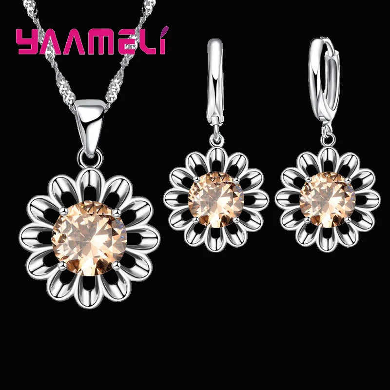 Nova moda conjunto de jóias de casamento feminino qualidade superior 925 prata esterlina cor cristal pingente colar brinco argola grande promoção
