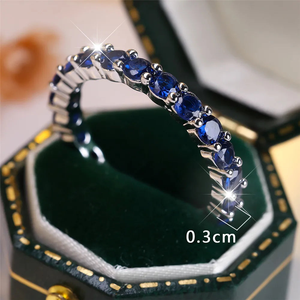 Anéis de pedra redondos de fileira única de cristal azul para mulheres vintage na moda ouro prata cor aliança de casamento joias de noiva presente de noivado