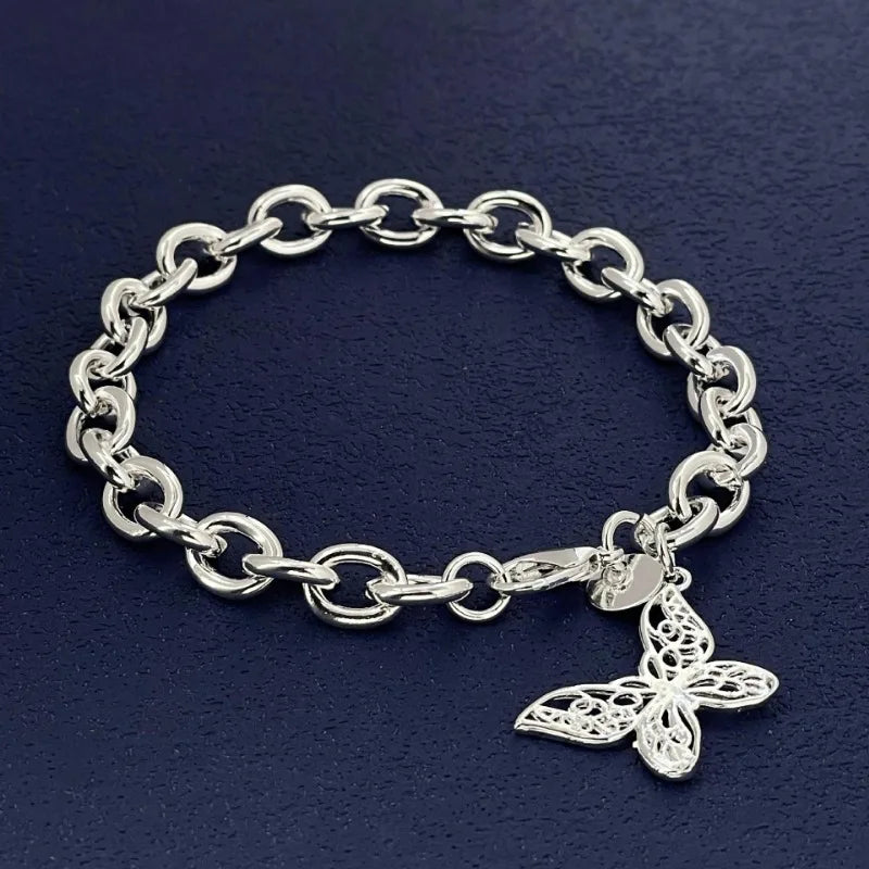 Bonito 925 prata esterlina borboleta pulseira para mulheres senhora homens diy novo popular original jóias de casamento presentes do dia dos namorados
