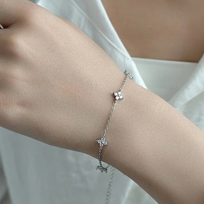 Pulseira cor prata para mulheres meninas 925 prata esterlina link chian com zircônia cúbica bonito trevo charme jóias ajustáveis