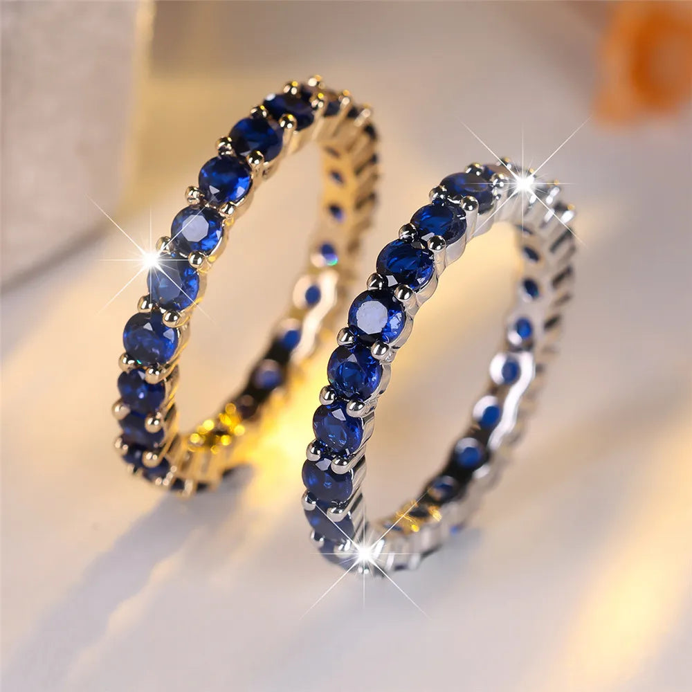 Anéis de pedra redondos de fileira única de cristal azul para mulheres vintage na moda ouro prata cor aliança de casamento joias de noiva presente de noivado