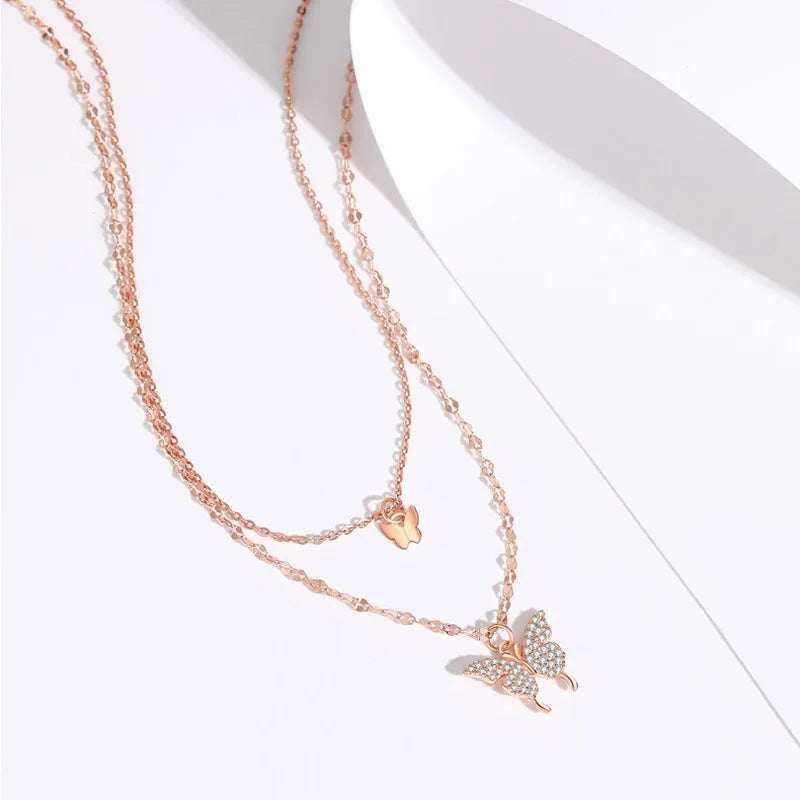 S925 Sterling Silver Double Layer Butterfly Necklace para Mulheres, Ins Pequeno Fresco Brilhante Zircão Clavícula Cadeia, Acessórios Jóias