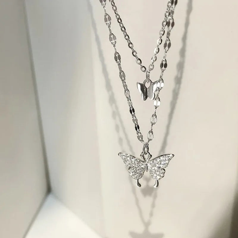 S925 Sterling Silver Double Layer Butterfly Necklace para Mulheres, Ins Pequeno Fresco Brilhante Zircão Clavícula Cadeia, Acessórios Jóias