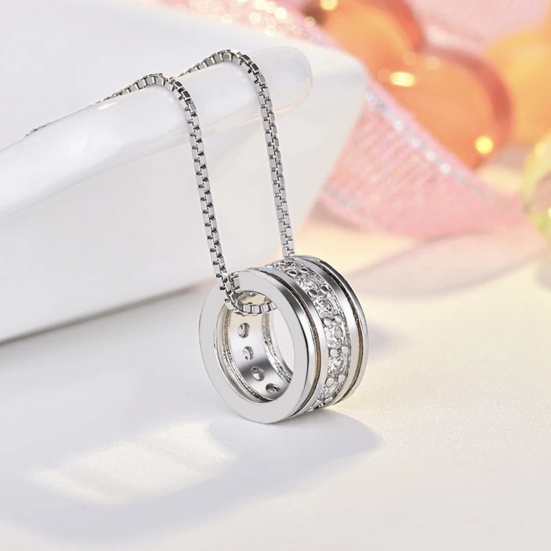 Nova moda 925 prata esterlina rotativa redonda zircão pingente neckalces jóias femininas elegante rosa corrente de ouro strass gargantilha