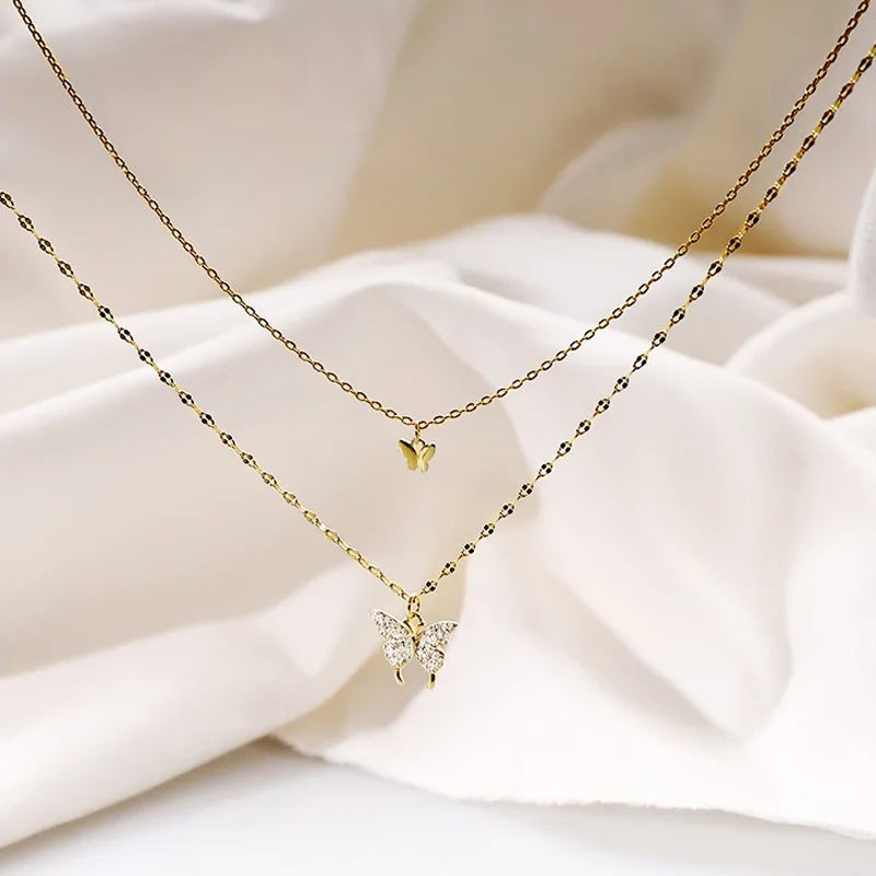 S925 Sterling Silver Double Layer Butterfly Necklace para Mulheres, Ins Pequeno Fresco Brilhante Zircão Clavícula Cadeia, Acessórios Jóias