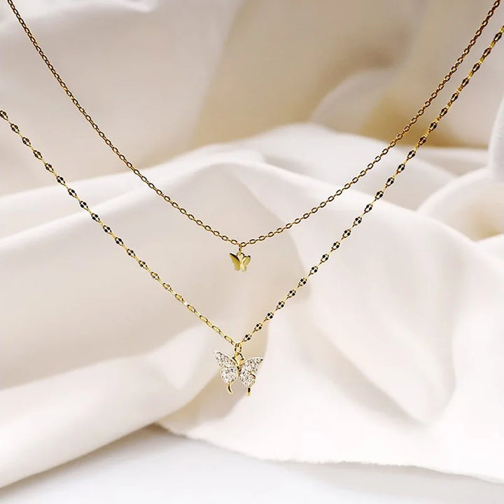 S925 Sterling Silver Double Layer Butterfly Necklace para Mulheres, Ins Pequeno Fresco Brilhante Zircão Clavícula Cadeia, Acessórios Jóias