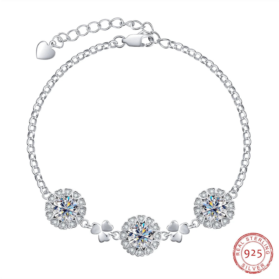 AnuJewel Moissanite Clover Pulseira para Mulheres, Pulseiras Ajustáveis, Banhado a Ouro Branco 18K, D Color, 3 Carat, Joias Presentes