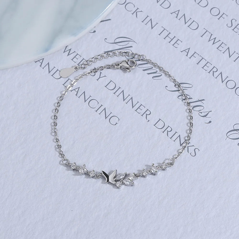 Ventfille 925 prata diamante-cravejado borboleta pulseira feminina moda temperamento flor pulseira ajustável