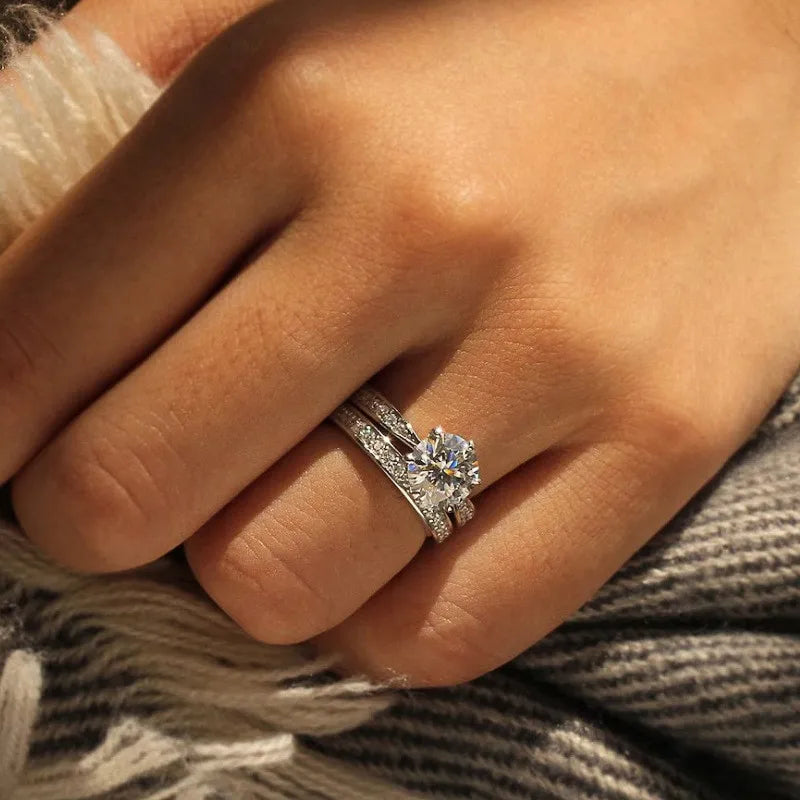 925 prata esterlina brilhante 6 garras zircônia cúbica anéis conjunto para mulheres elegante lindo 2 pçs/set casamento banda jóias na moda