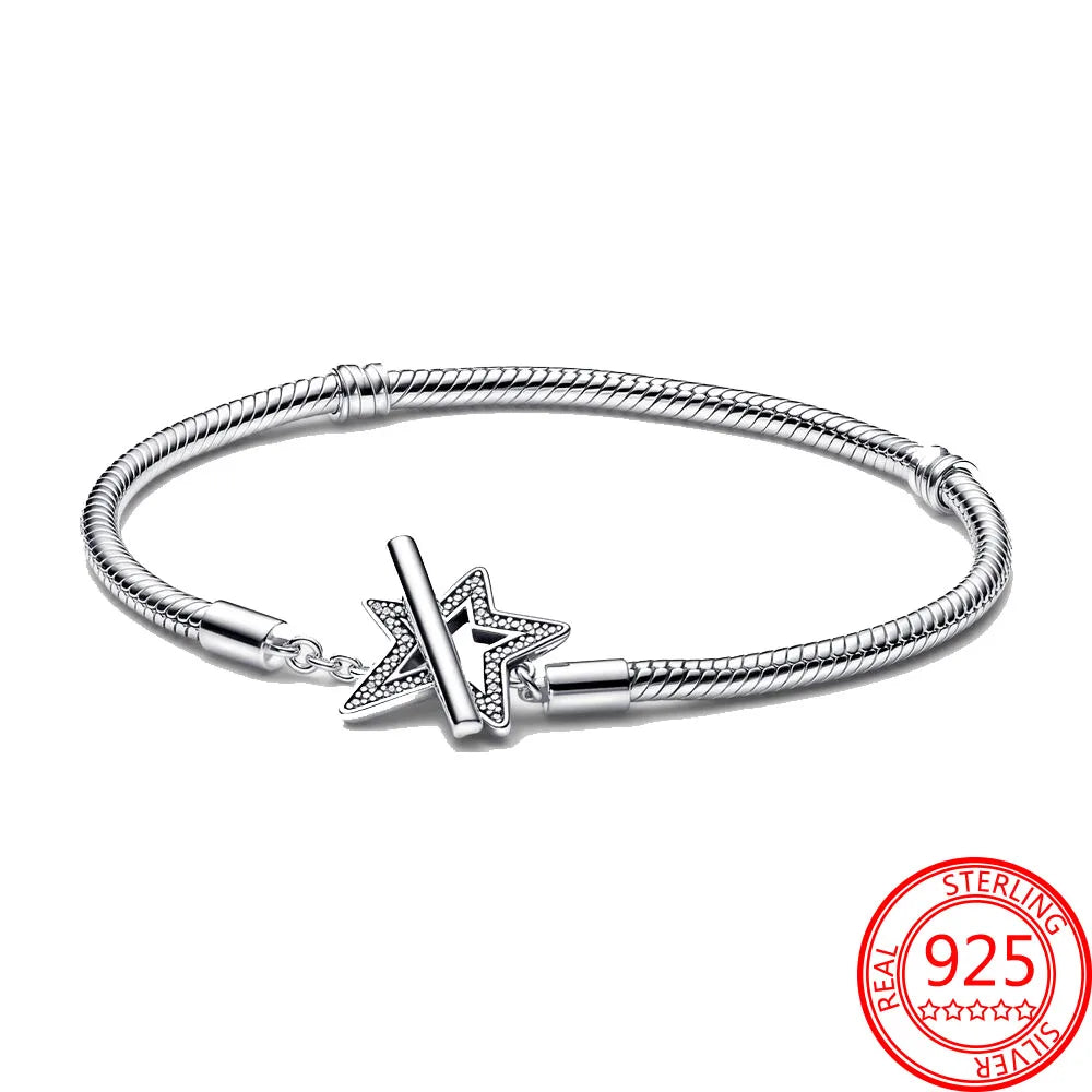 Clássico 925 prata esterlina rosas & corações & estrelas & fechaduras pulseira elegante diy pulseira básica