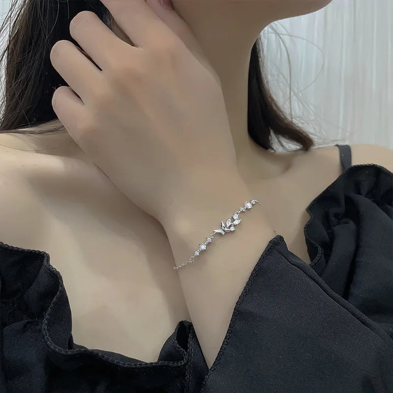 Ventfille 925 prata diamante-cravejado borboleta pulseira feminina moda temperamento flor pulseira ajustável