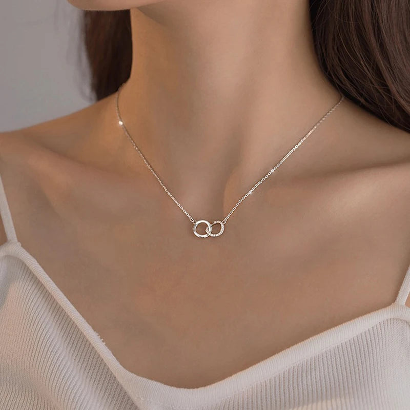 Nova moda 925 prata esterlina duplo redondo & quadrado pingente neckalces feminino jóias presente círculo geométrico fino strass gargantilha