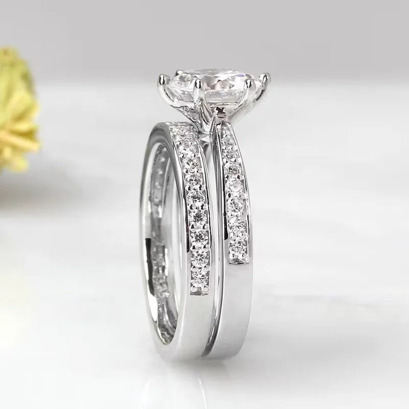 925 prata esterlina brilhante 6 garras zircônia cúbica anéis conjunto para mulheres elegante lindo 2 pçs/set casamento banda jóias na moda