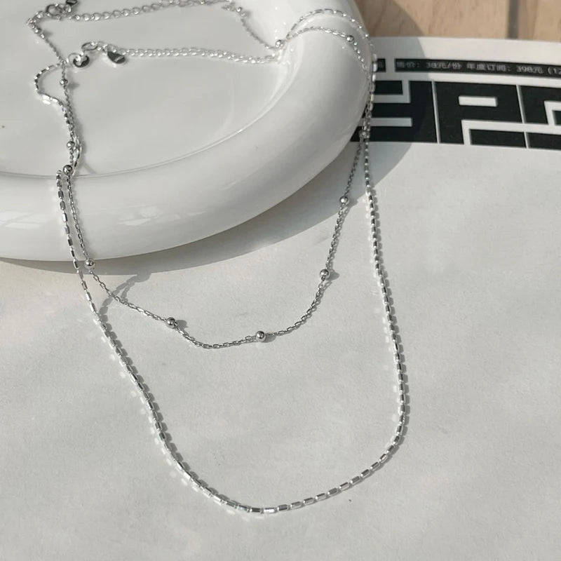 Colar de prata esterlina 925 com contas geométricas simples, gargantilha brilhante e delicada, corrente de clavícula para mulheres, joias da moda