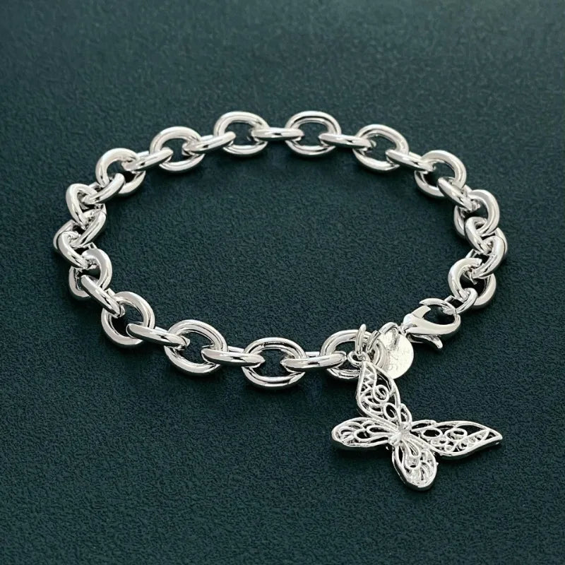 Bonito 925 prata esterlina borboleta pulseira para mulheres senhora homens diy novo popular original jóias de casamento presentes do dia dos namorados