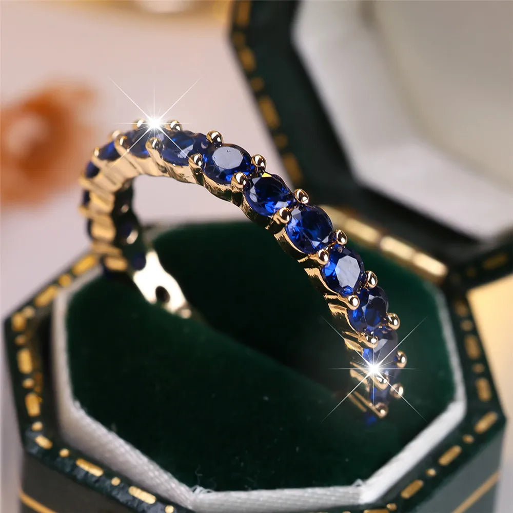 Anéis de pedra redondos de fileira única de cristal azul para mulheres vintage na moda ouro prata cor aliança de casamento joias de noiva presente de noivado