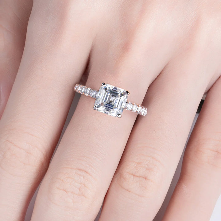 Anujewel 3ct asscher corte moissanite anel de noivado 1ct asscher stub brincos conjuntos de noiva 925 prata esterlina casamento banda presentes