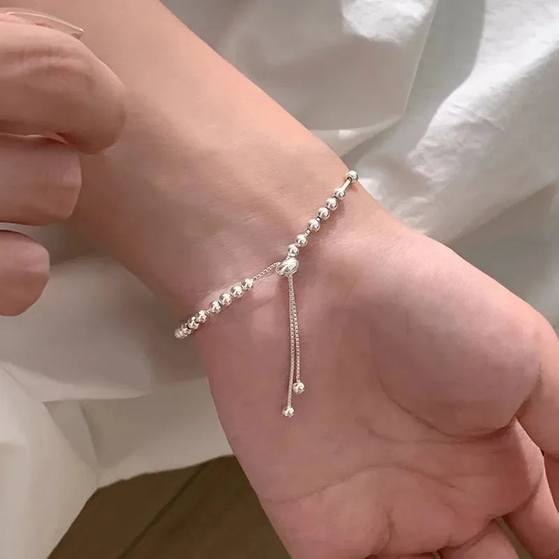 Luxo 925 prata esterlina contas redondas pulseiras para mulheres homens vintage simples ajustável corrente pulseiras festa de casamento jóias