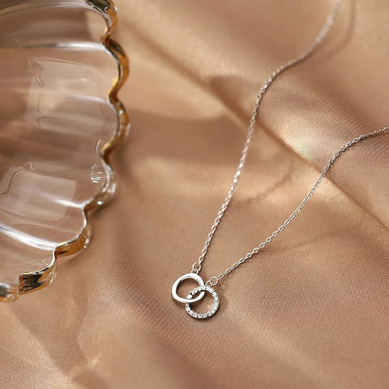 Nova moda 925 prata esterlina duplo redondo & quadrado pingente neckalces feminino jóias presente círculo geométrico fino strass gargantilha