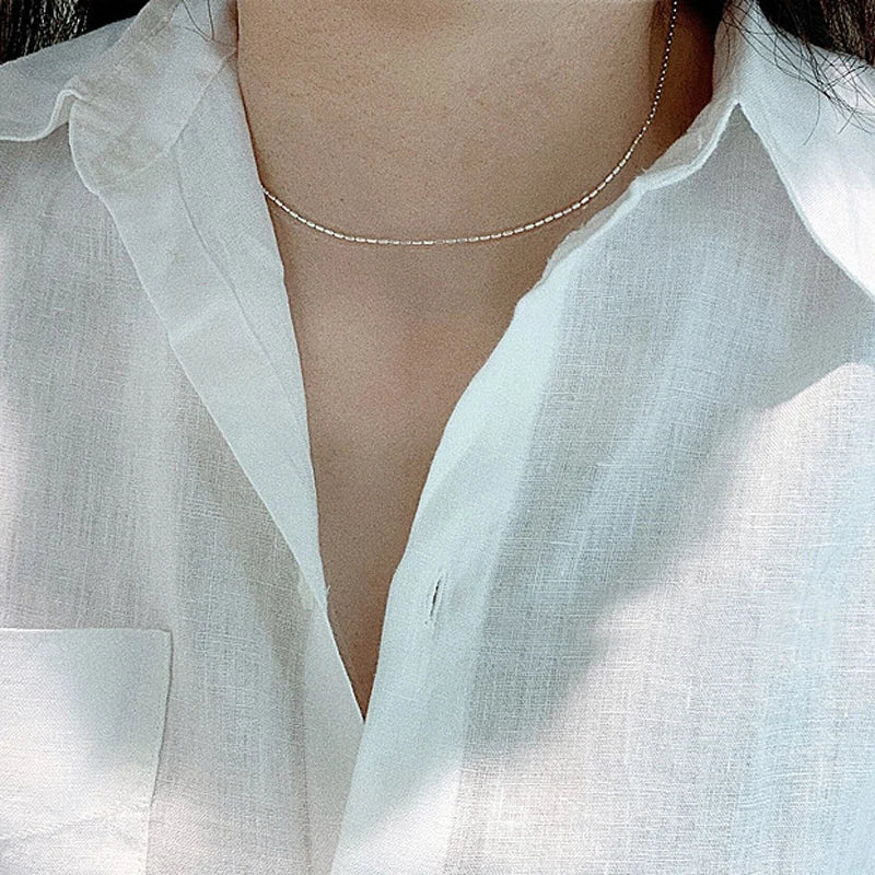 Colar de prata esterlina 925 com contas geométricas simples, gargantilha brilhante e delicada, corrente de clavícula para mulheres, joias da moda