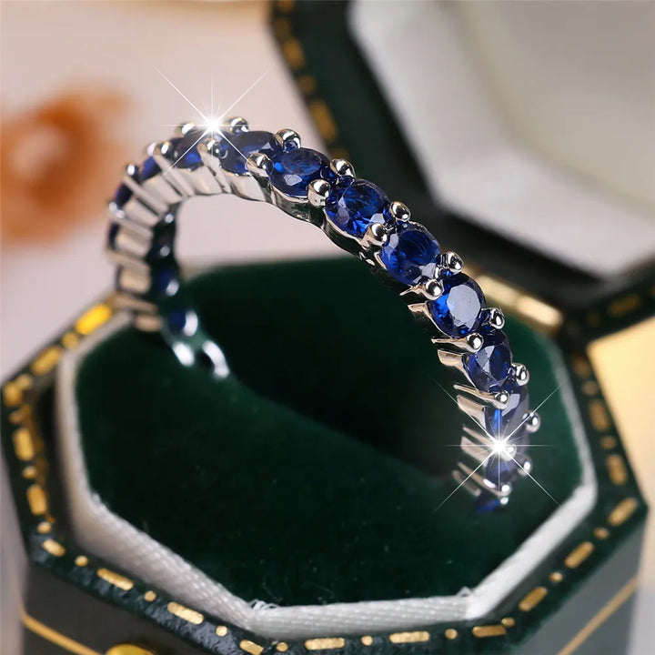 Anéis de pedra redondos de fileira única de cristal azul para mulheres vintage na moda ouro prata cor aliança de casamento joias de noiva presente de noivado