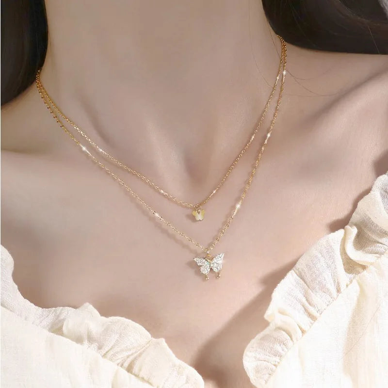 S925 Sterling Silver Double Layer Butterfly Necklace para Mulheres, Ins Pequeno Fresco Brilhante Zircão Clavícula Cadeia, Acessórios Jóias