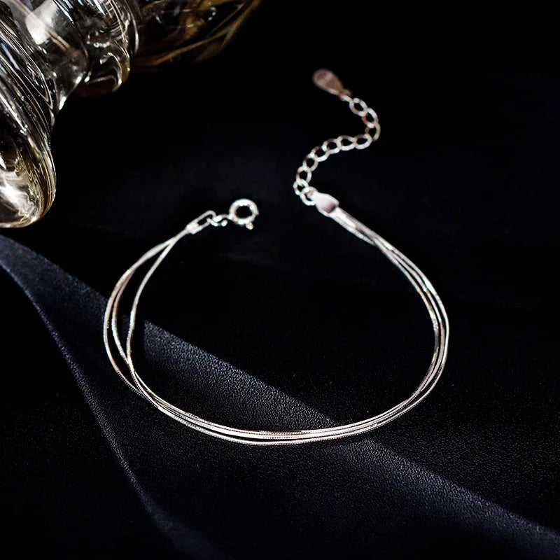 Pulseira circular de corrente de três camadas banhada a prata 925 para mulheres, presente simples e requintado, acessórios de casamento