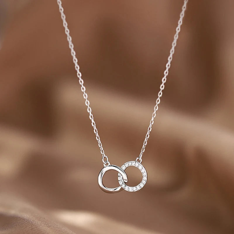 Nova moda 925 prata esterlina duplo redondo & quadrado pingente neckalces feminino jóias presente círculo geométrico fino strass gargantilha