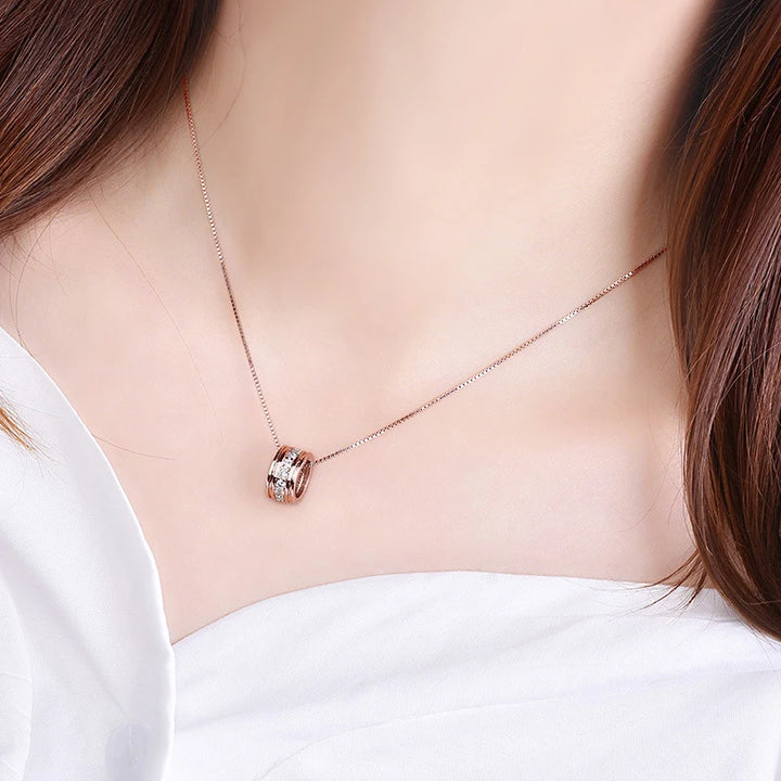 Nova moda 925 prata esterlina rotativa redonda zircão pingente neckalces jóias femininas elegante rosa corrente de ouro strass gargantilha