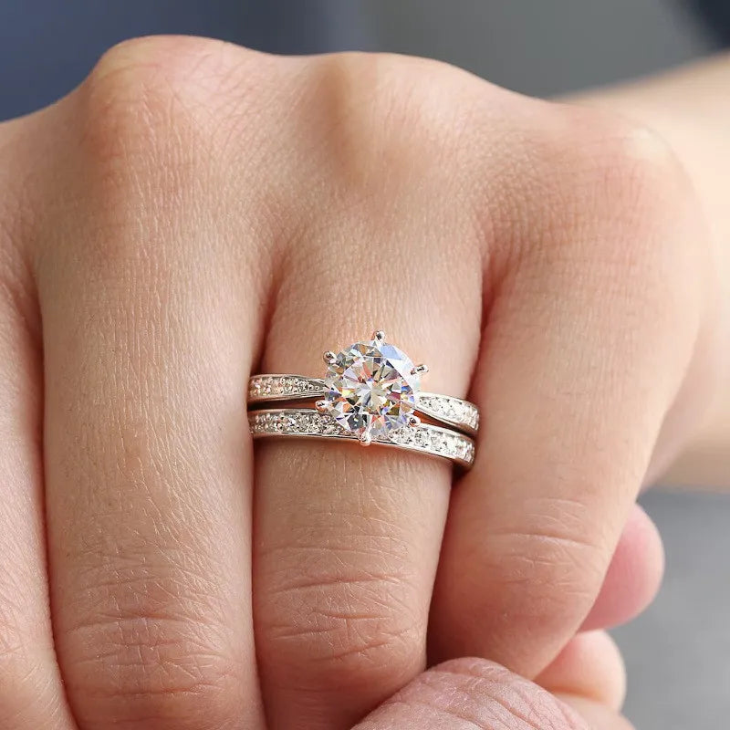 925 prata esterlina brilhante 6 garras zircônia cúbica anéis conjunto para mulheres elegante lindo 2 pçs/set casamento banda jóias na moda