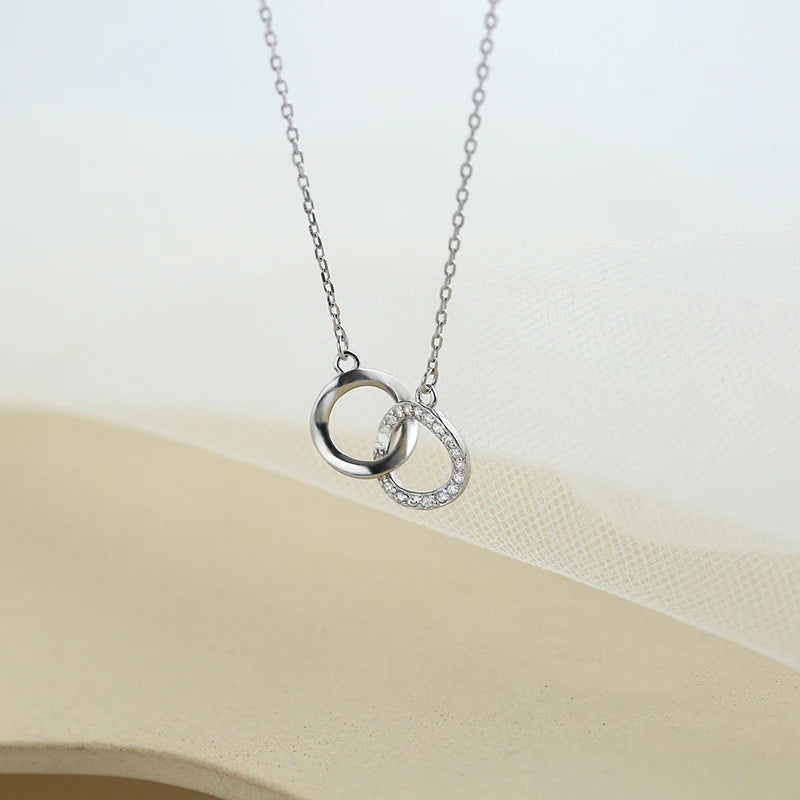 Nova moda 925 prata esterlina duplo redondo & quadrado pingente neckalces feminino jóias presente círculo geométrico fino strass gargantilha