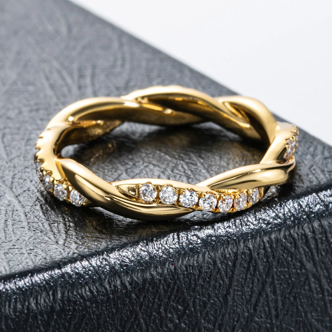 AnuJewel Moissanite Diamante Infinito Banda De Casamento Para Mulheres, Anéis De Eternidade Amarelo, Jóias Por Atacado, 1.5mm, Cor D