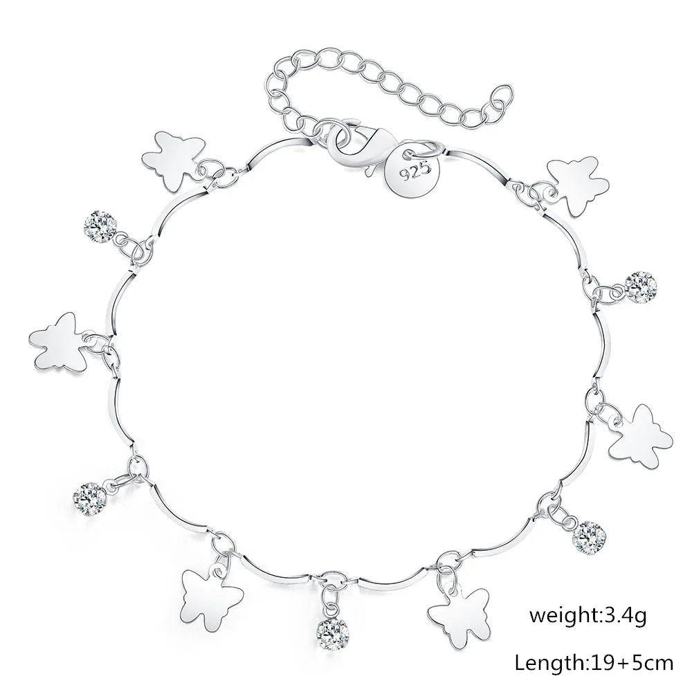925 Sterling Silver Butterfly Charm Bracelets para mulheres, corrente de zircão, joalheria fina, moda elegante, festa de casamento, Natal