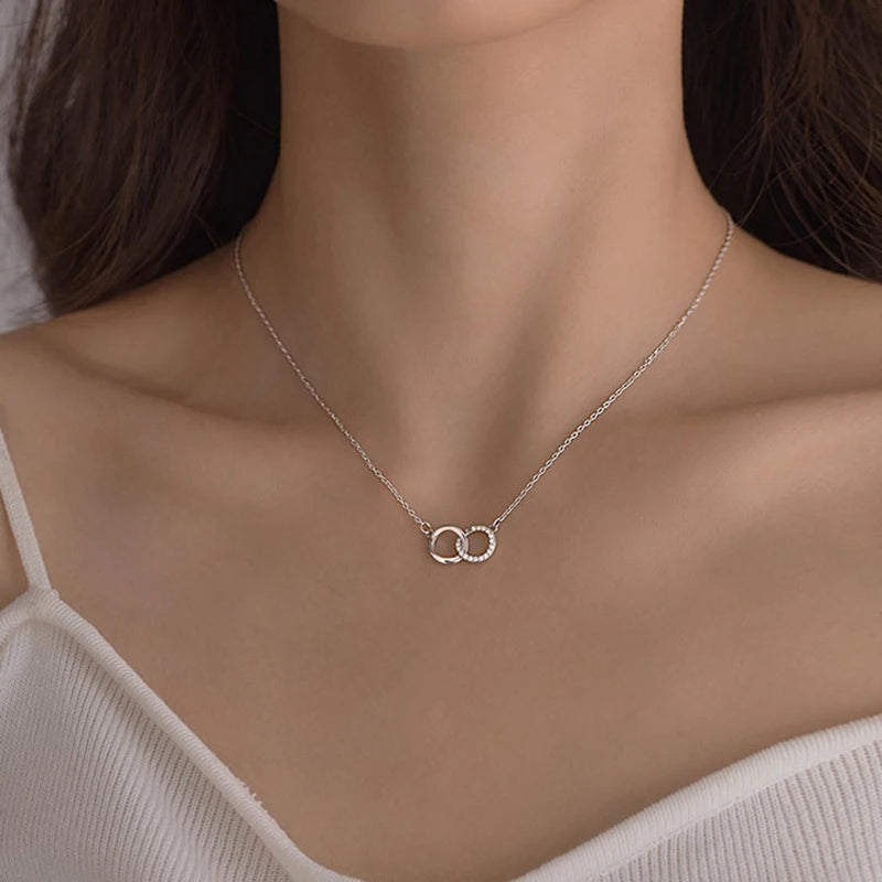 Nova moda 925 prata esterlina duplo redondo & quadrado pingente neckalces feminino jóias presente círculo geométrico fino strass gargantilha