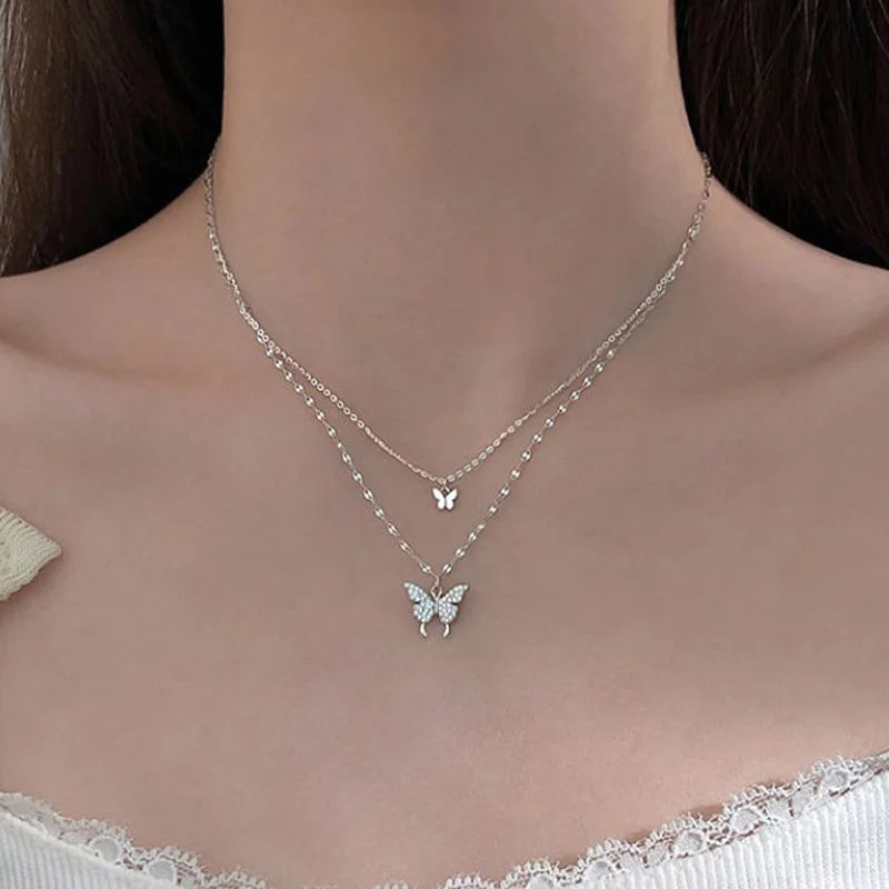 S925 Sterling Silver Double Layer Butterfly Necklace para Mulheres, Ins Pequeno Fresco Brilhante Zircão Clavícula Cadeia, Acessórios Jóias