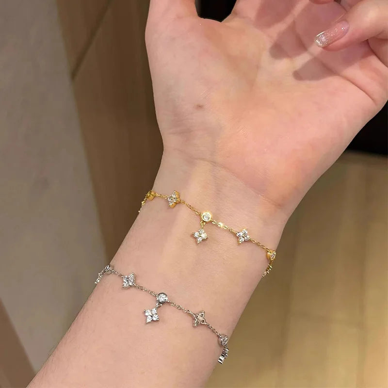 Pulseira cor prata para mulheres meninas 925 prata esterlina link chian com zircônia cúbica bonito trevo charme jóias ajustáveis