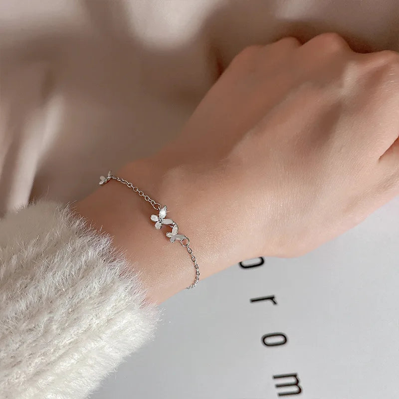 Ventfille 925 prata diamante-cravejado borboleta pulseira feminina moda temperamento flor pulseira ajustável