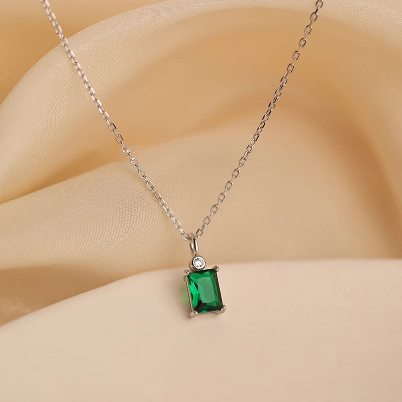 Colar retangular com pingente de zircônia verde para mulheres, estilo coreano, simples, dourado, prateado, corrente de clavícula, atacado