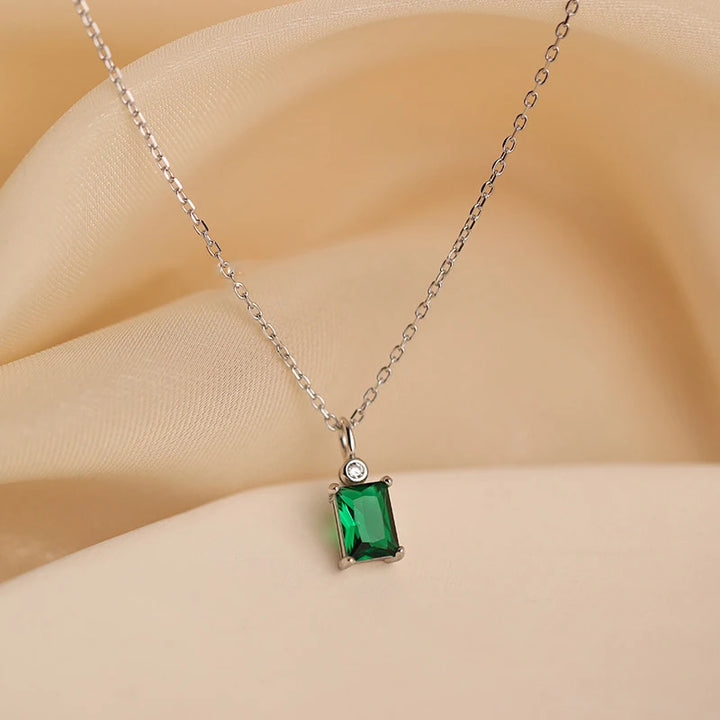 Colar retangular com pingente de zircônia verde para mulheres, estilo coreano, simples, dourado, prateado, corrente de clavícula, atacado
