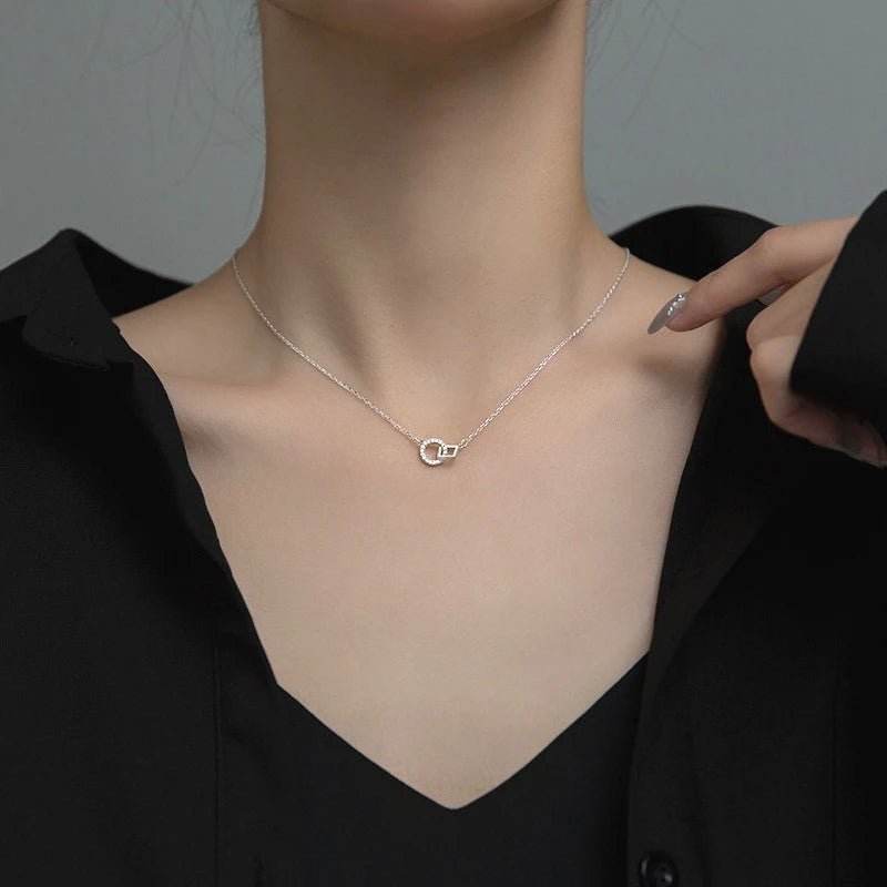 Nova moda 925 prata esterlina duplo redondo & quadrado pingente neckalces feminino jóias presente círculo geométrico fino strass gargantilha