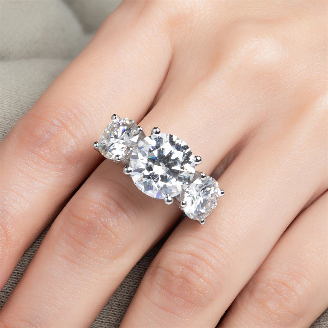 AnuJewel 11cttw D Color Moissanite Diamond Luxurious Engagement 925 Sterling Silver Ring For Women 3 Stone Ring Custom Jewelry