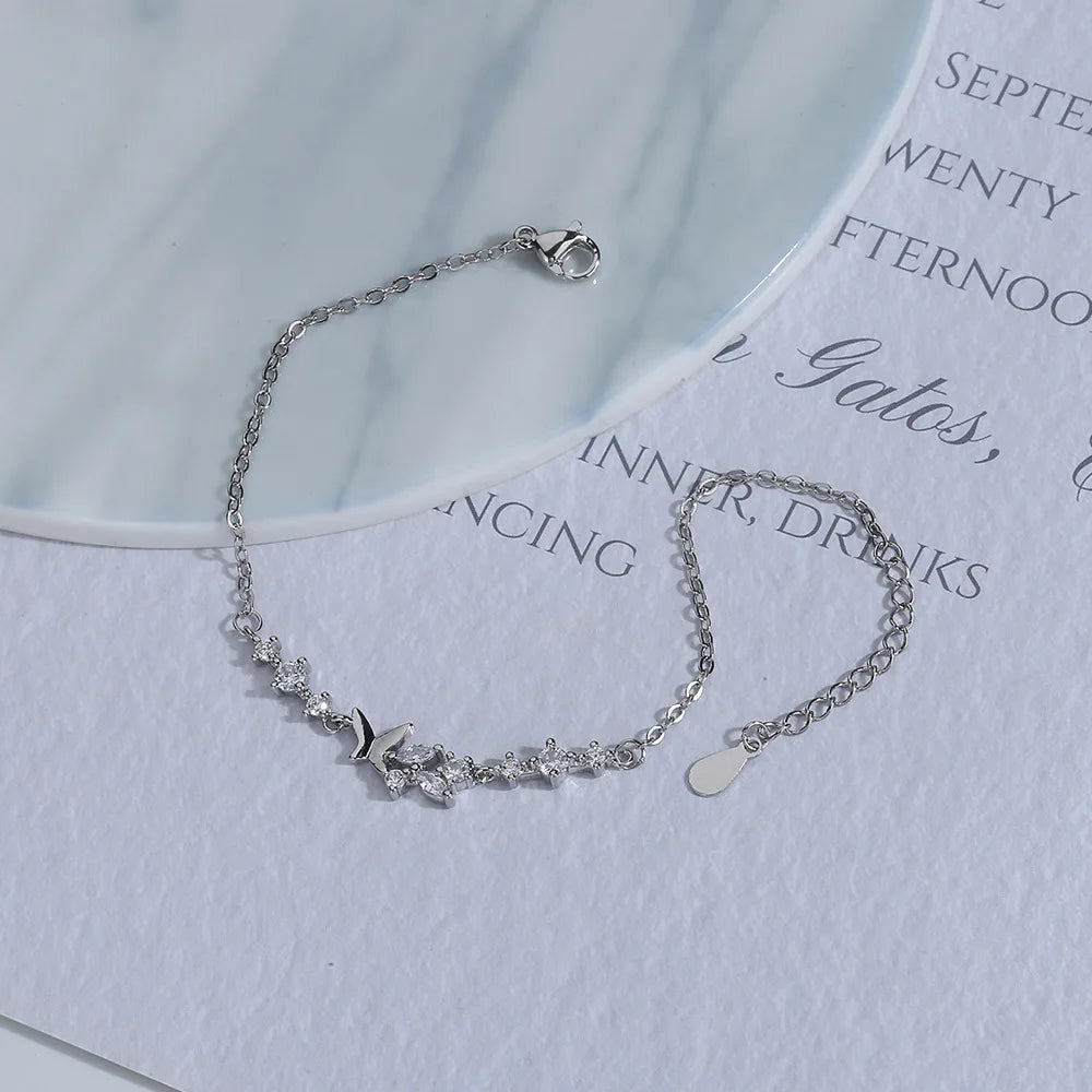 Ventfille 925 prata diamante-cravejado borboleta pulseira feminina moda temperamento flor pulseira ajustável