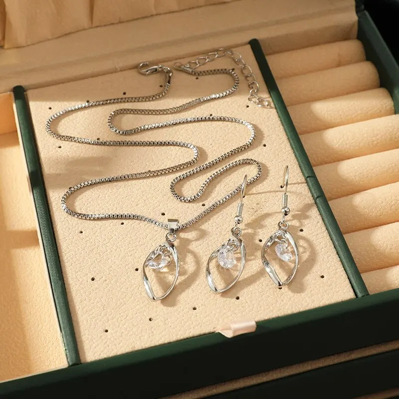 Conjunto colar e brincos para senhoras, cor fria, diamante de vidro torcido pelo vento com corrente Veneza, imitação de joias, branco e dourado, 3 unid