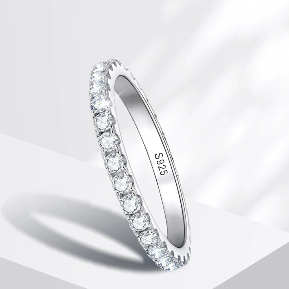 KNOBSPIN Anel Moissanite para Mulheres, Banda Eterna, Anéis de Noivado de Casamento 925 Prata Esterlina, Sólido Ouro Branco 18k, 2mm Cor D