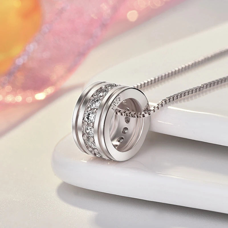 Nova moda 925 prata esterlina rotativa redonda zircão pingente neckalces jóias femininas elegante rosa corrente de ouro strass gargantilha