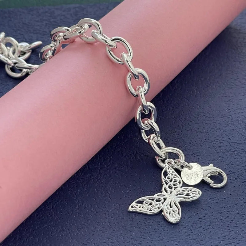 Bonito 925 prata esterlina borboleta pulseira para mulheres senhora homens diy novo popular original jóias de casamento presentes do dia dos namorados