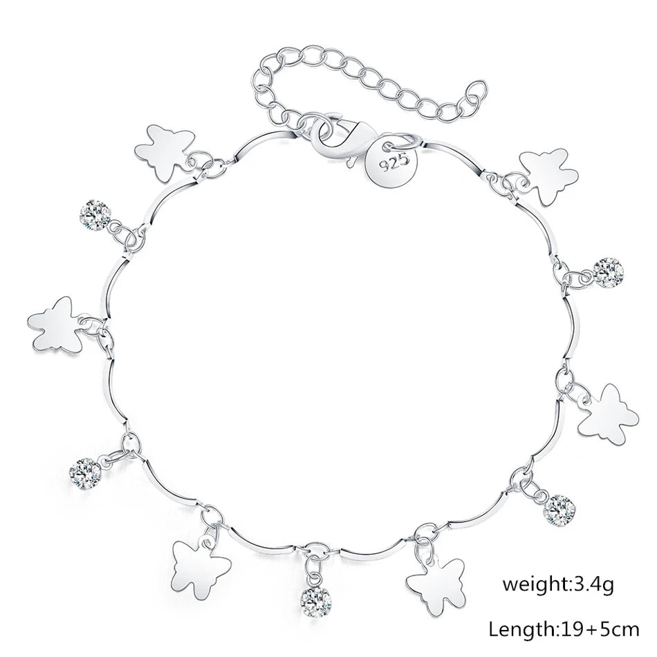 925 Sterling Silver Butterfly Charm Bracelets para mulheres, corrente de zircão, joalheria fina, moda elegante, festa de casamento, Natal