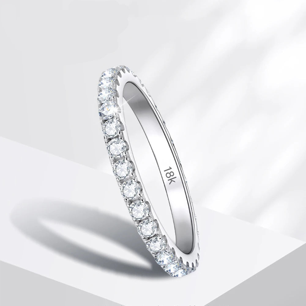 KNOBSPIN Anel Moissanite para Mulheres, Banda Eterna, Anéis de Noivado de Casamento 925 Prata Esterlina, Sólido Ouro Branco 18k, 2mm Cor D