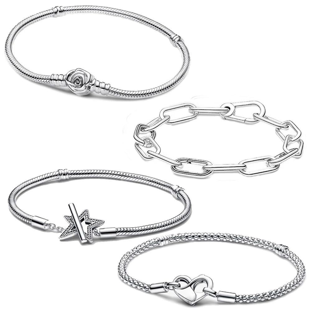 Clássico 925 prata esterlina rosas & corações & estrelas & fechaduras pulseira elegante diy pulseira básica