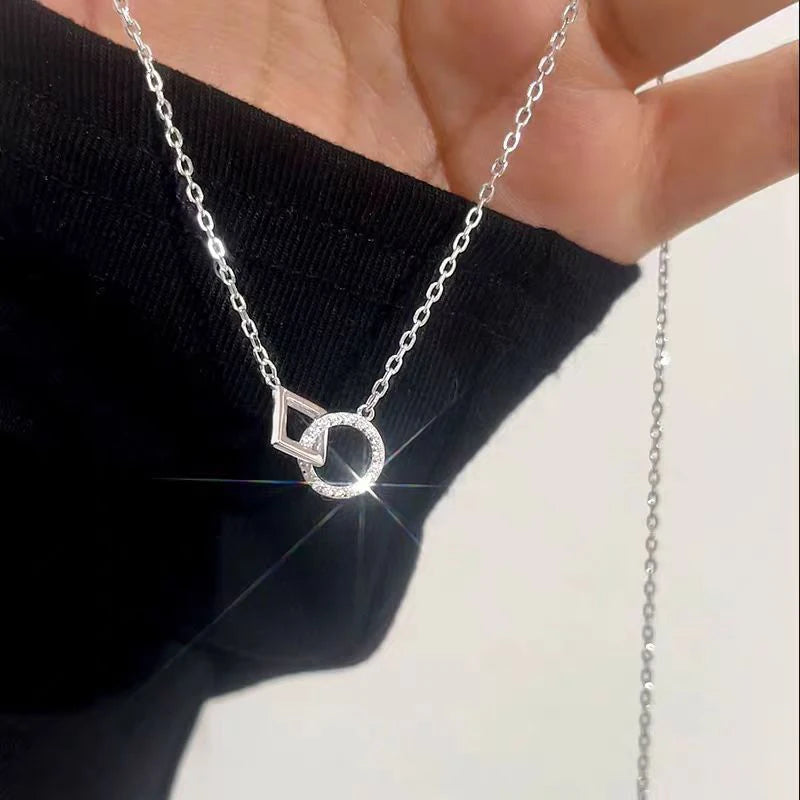 Nova moda 925 prata esterlina duplo redondo & quadrado pingente neckalces feminino jóias presente círculo geométrico fino strass gargantilha